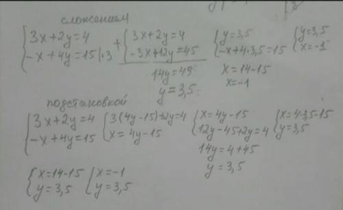 3x + 2y = 4 , -x+4y=15; система рівнянь