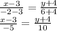 \frac{x - 3}{ - 2 - 3} = \frac{y + 4}{6 + 4} \\ \frac{x - 3}{ - 5} = \frac{y + 4}{10} \\