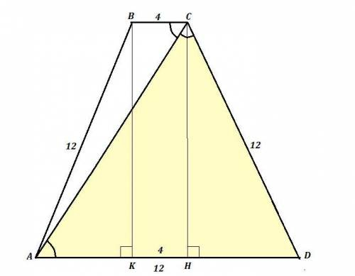 Основания равнобокой трапеции равны 4 см и 12 см, а диагональ делит ее тупой угол пополам. Найдите п
