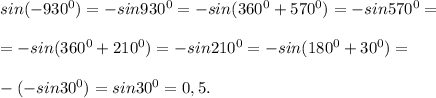 sin(-930^0)=-sin930^0=-sin(360^0+570^0)=-sin570^0==-sin(360^0+210^0)=-sin210^0=-sin(180^0+30^0)=-(-sin30^0)=sin30^0=0,5.
