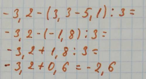 Обчисліть: - 3,2 - (3,3-5,1) : 3 =