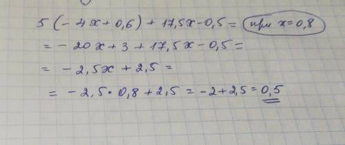 Знайти значення виразу 5(-4x+0,6)+17,5x-0,5 приx=0,8 будь ласка