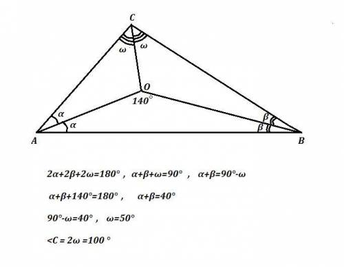 На рисунку точка O — центр вписаного кола трикутника ABC. Знайдіть кут ACB, якщо кут AOB дорівнює 14