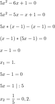 \displaystyle\\5x^2-6x+1=05x^2-5x-x+1=05x*(x-1)-(x-1)=0(x-1)*(5x-1)=0x-1=0x_1=1.5x-1=05x=1\ |:5x_2=\frac{1}{5}= 0,2.