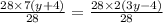 \frac{28 \times 7(y + 4)}{28} = \frac{28 \times 2(3y - 4)}{28}
