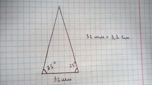Побудуйте рівнобедрений трикутник, основа якого дорівнює 32 мм, а кут при основі 75°.