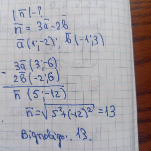 Знайдіть модуль вектора n =3a-2b де а(1,-2) b (-1;3)