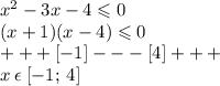 {x}^{2} - 3x - 4 \leqslant 0 \\ (x + 1)(x - 4) \leqslant 0 \\ + + + [ - 1] - - - [4] + + + \\ x \: \epsilon \: [ - 1; \: 4]