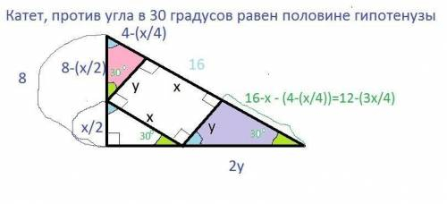 В прямоугольный треугольник с гипотенузой 16 см и острым углом 30° вписан прямоугольник, две вершины