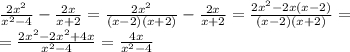 \frac{2 {x}^{2} }{ {x}^{2} - 4 } - \frac{2x}{x + 2} = \frac{2 {x}^{2} }{(x - 2)(x + 2)} - \frac{2x}{x + 2} = \frac{2 {x}^{2} - 2x(x - 2)}{(x - 2)(x + 2)} = \\ = \frac{2 {x}^{2} - 2 {x}^{2} + 4x}{ {x}^{2} - 4} = \frac{4x}{ {x}^{2} - 4 }