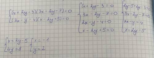 Решите систему линейных уравнений (x+2y-3)(3x-2y-7)=0(2x-y-4)(x-2y+5)=0
