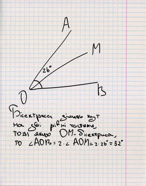 Промінь ОМ-біксетриса кута АОВ. Чому дорівнює кут АОВ, якщо <АОМ=26°