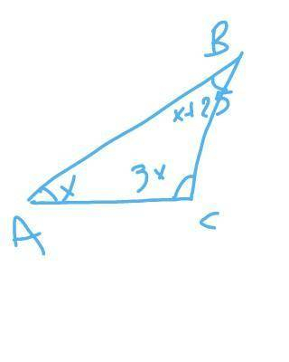 . Знайдіть кути трикутника АВС, якщо кут А на 25° менший від кута В і у 3 рази менший від кута С. МА