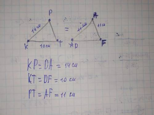 Дано=∆PTK=∆AFD, TK=10см, PK=14см, AF=11см.Знайдіть довжини всіх інших сторін трикутників PTK і AFD