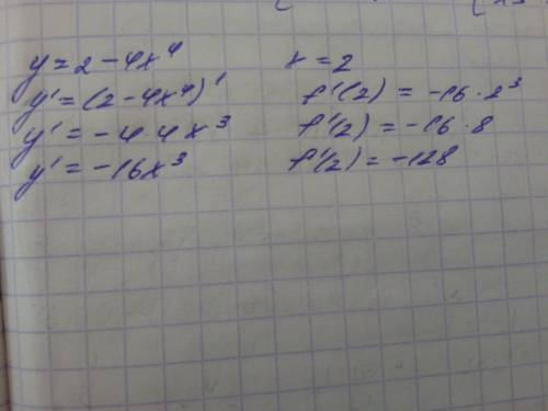 Найдите значение производной функции y=2-4x^4 в точке x=2