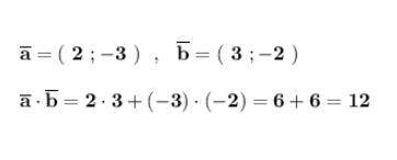 Знайдіть скалярний добуток векторів a ( 2; −3 ) і b ( 3; -2 ).