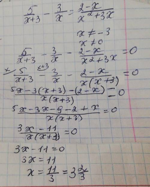 Знайдіть корені рівняння 5/x+3-3/x=2-x/x^2+3x