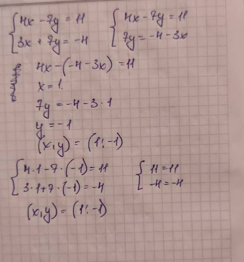 Розв`яжіть систему рівнянь: {4x - 7y = 11 { 3x + 7y = - 4 Врианты: (-1;-1) (1;-1) (-1;1) (1;1)