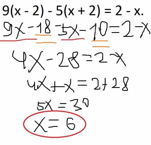 6. Розв'яжіть рівняння 9(х - 2) - 5(х + 2) = 2 - х.